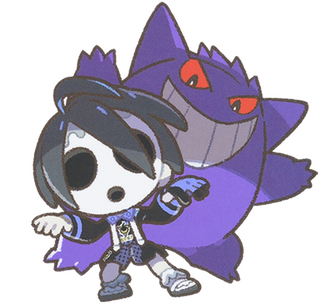 chibi graphic of the pokemon gym leader allister and his gengar posing together